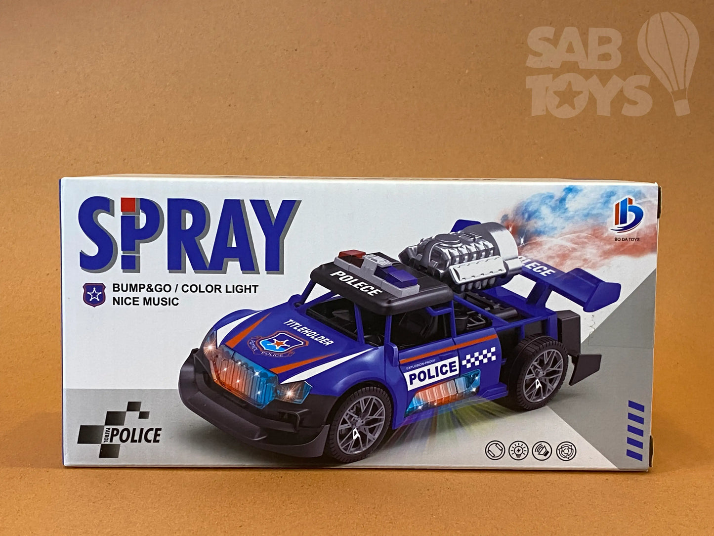 Police Patrol Car Toy with Spray, Lights, and Music